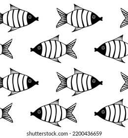 Patrón sin foco con peces. Ilustración vectorial dibujada a mano en blanco y negro. El fondo es impecable. Diseño de fondo de escritorio. Diseño de tela. Simple patrón vectorial con peces lindos.