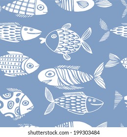 seamless pattern with fishes, blue background,