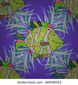 Seamless pattern with fishes. Color image of repeating and alternating constituent elements. Decorative ornament. Abstract Vector illustration.