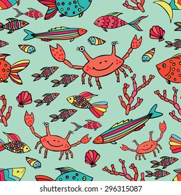 Seamless pattern with fishes and crabs. Marine life background.