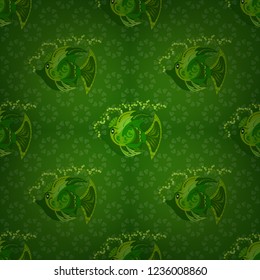 Seamless pattern with fishes. Decorative ornament. Abstract vector pattern of repeating and alternating constituent elements. Vector illustration. Fishes in gray, black and green colors.