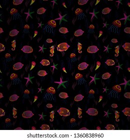 Seamless pattern with fishes. Decorative ornament. Fishes in purple, red and black colors. Vector illustration. Abstract vector pattern of repeating and alternating constituent elements.