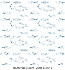 Nahtloses Muster mit Fisch doodle Silhouette, Vektorgrafik auf weißem Hintergrund.Vektorgrafik einer schwarzen Skizze eines Fisches, der in verschiedene Richtungen schwimmt für eine Design-Vorlage. Cute-Fisch-Pic