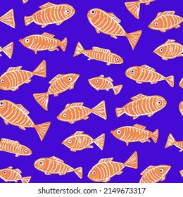 Seamless pattern with fishes  in doodle style. Vector illustration. 