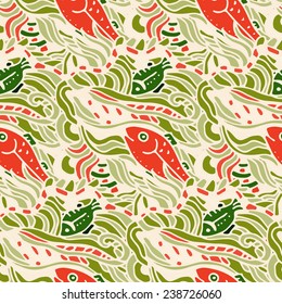 Seamless pattern with fishes  in doodle style. Vector illustration. 