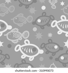 Seamless  pattern with  fishes , ellipses, stars,doodles. Hand drawn.