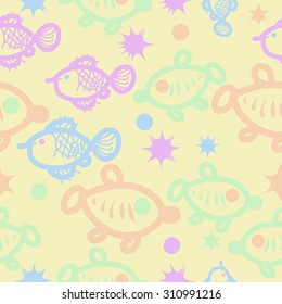 Seamless  pattern with  fishes , ellipses, stars,doodles. Hand drawn.
