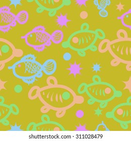 Seamless  pattern with  fishes , ellipses, stars,doodles. Hand drawn.