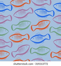 Seamless   pattern of fishes, ellipses, stripes, doodles. Hand drawn.