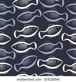 Seamless   pattern of fishes, ellipses, stripes, doodles. Hand drawn.