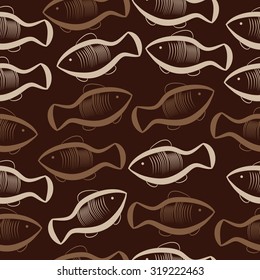 Seamless   pattern of fishes, ellipses, stripes, doodles. Hand drawn.