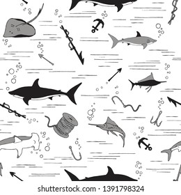 Seamless pattern with fishes and fishing gear on a white background.