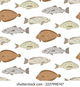 Seamless pattern with fishes in flat style. Whole flounder, corvina and sea bass.