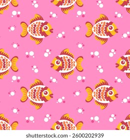 Seamless pattern with fishes with flowers on pink background. Surface design for textile, fabric.