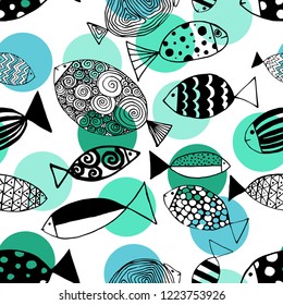 Seamless pattern with fishes. Funny fish outline illustration