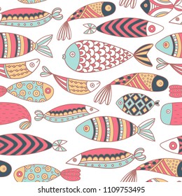 Seamless pattern with fishes. Hand drawn undersea world. Colorful artistic background. Aquarium. Can be used for wallpaper, textiles, wrapping, card, cover. Vector illustration, eps10