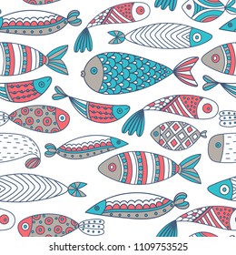 Seamless pattern with fishes. Hand drawn undersea world. Colorful artistic background. Aquarium. Can be used for wallpaper, textiles, wrapping, card, cover. Vector illustration, eps10