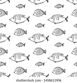 Seamless pattern with fishes. Hand drawn graphic background.Black and white contour monochrome. Vector.