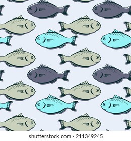 Seamless pattern with fishes, hand drawn vector illustration