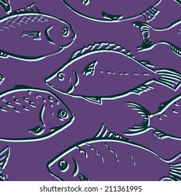 Seamless pattern with fishes, hand drawn vector illustration