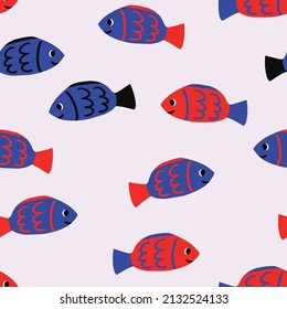 Seamless pattern with fishes. Hand drawn undersea world. Colorful artistic background. Aquarium. Can be used for wallpaper, textiles, wrapping, card, cover.