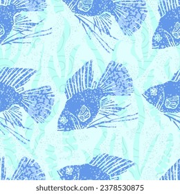 Seamless pattern with fishes - hand drawn vector illustration. Flat color design.
