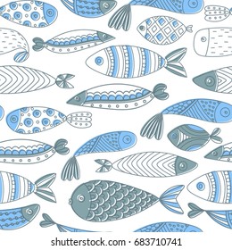 Patrón sin mar con peces. El mundo submarino atraído por la mano. Fondo artístico.Acuario. Se puede utilizar para papel pintado, textiles, envoltura, tarjeta, cubierta. Ilustración vectorial, eps10