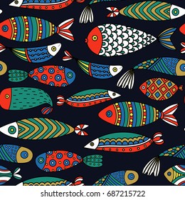 Seamless pattern with fishes. Hand drawn undersea world. Colorful artistic background. Aquarium. Can be used for wallpaper, textiles, wrapping, card, cover. Vector illustration, eps10