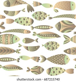 Seamless pattern with fishes. Hand drawn undersea world. Artistic background. Aquarium. Can be used for wallpaper, textiles, wrapping, card, cover. Vector illustration, eps10