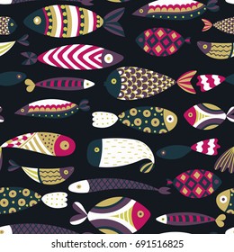 Seamless pattern with fishes. Hand drawn undersea world. Colorful artistic background. Aquarium. Can be used for wallpaper, textiles, wrapping, card, cover. Vector illustration, eps10