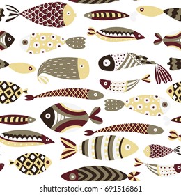Seamless pattern with fishes. Hand drawn undersea world. Artistic background. Aquarium. Can be used for wallpaper, textiles, wrapping, card, cover. Vector illustration, eps10