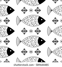 Seamless pattern fishes with Indian Native American arrows and geometric ethnic tribal ornaments black and white vector background
