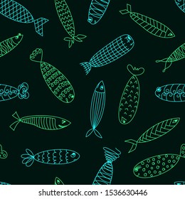Seamless pattern with fishes. Isolated elements, draft design, hand drawn lines, flat style. Happy underwater animals, simple outlined design. Funny sea fishes for web, textile, fabric, wrapping, pack