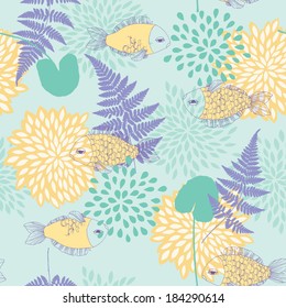 Seamless Pattern with Fishes and Leaves