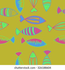 Seamless   pattern with fishes motif, spots,fish, ellipses, zigzag. Hand drawn.