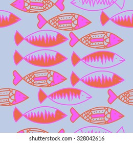 Seamless   pattern with fishes   motif, spots,fish, ellipses, zigzag . Hand drawn.
