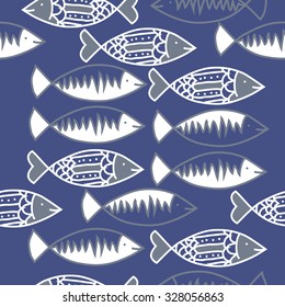 Seamless   pattern with fishes   motif, spots,fish, ellipses, zigzag . Hand drawn.