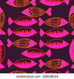 Seamless   pattern with fishes   motif, spots,fish, ellipses, zigzag . Hand drawn.