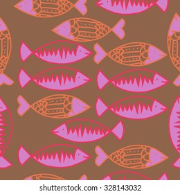 Seamless   pattern with fishes   motif, spots,fish, ellipses, zigzag . Hand drawn.
