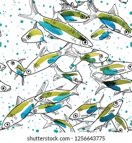 Seamless pattern with fishes. Neon fish, neon. Aquarium fish. Freehand drawing. Stylish background, exotic background.