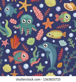 Seamless pattern with fishes, octopus, seashells, corals and starfishes. Marine background. Perfect for greetings, invitations, wrapping paper, textile and web design