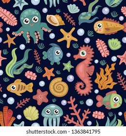 Seamless pattern with fishes, octopus, seashells, corals and starfishes. Marine background. Perfect for greetings, invitations, wrapping paper, textile and web design