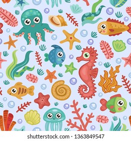 Seamless pattern with fishes, octopus, seashells, corals and starfishes. Marine background. Perfect for greetings, invitations, wrapping paper, textile and web design