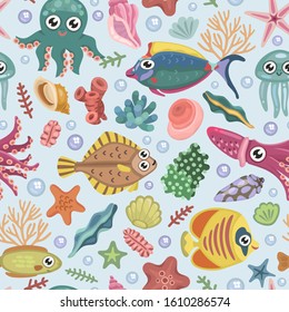 Seamless pattern with fishes, octopus, seashells, corals and starfishes. Marine background. Perfect for greetings, invitations, wrapping paper, textile and web design