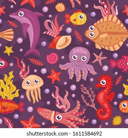 Seamless pattern with fishes, octopus, seashells, corals and starfishes. Marine background. Perfect for greetings, invitations, wrapping paper, textile and web design