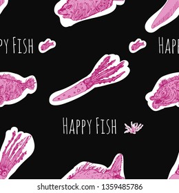seamless pattern with fishes on black background title "Happy Fish". Hand drawn. Doodles.