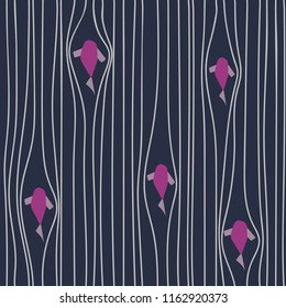 Seamless pattern with fishes on blue stripes background