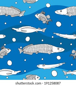 Seamless pattern with fishes on blue waves background