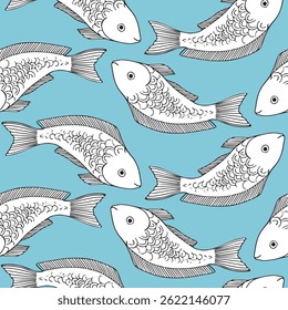Patrón sin fisuras de peces sobre un fondo azul. Vector estilo gráfico en tinta. Tema marino para carteles, acuarios, estampados, tarjetas, tela, decoración de restaurantes.