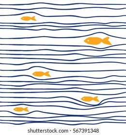Seamless pattern with fishes on blue stripes background